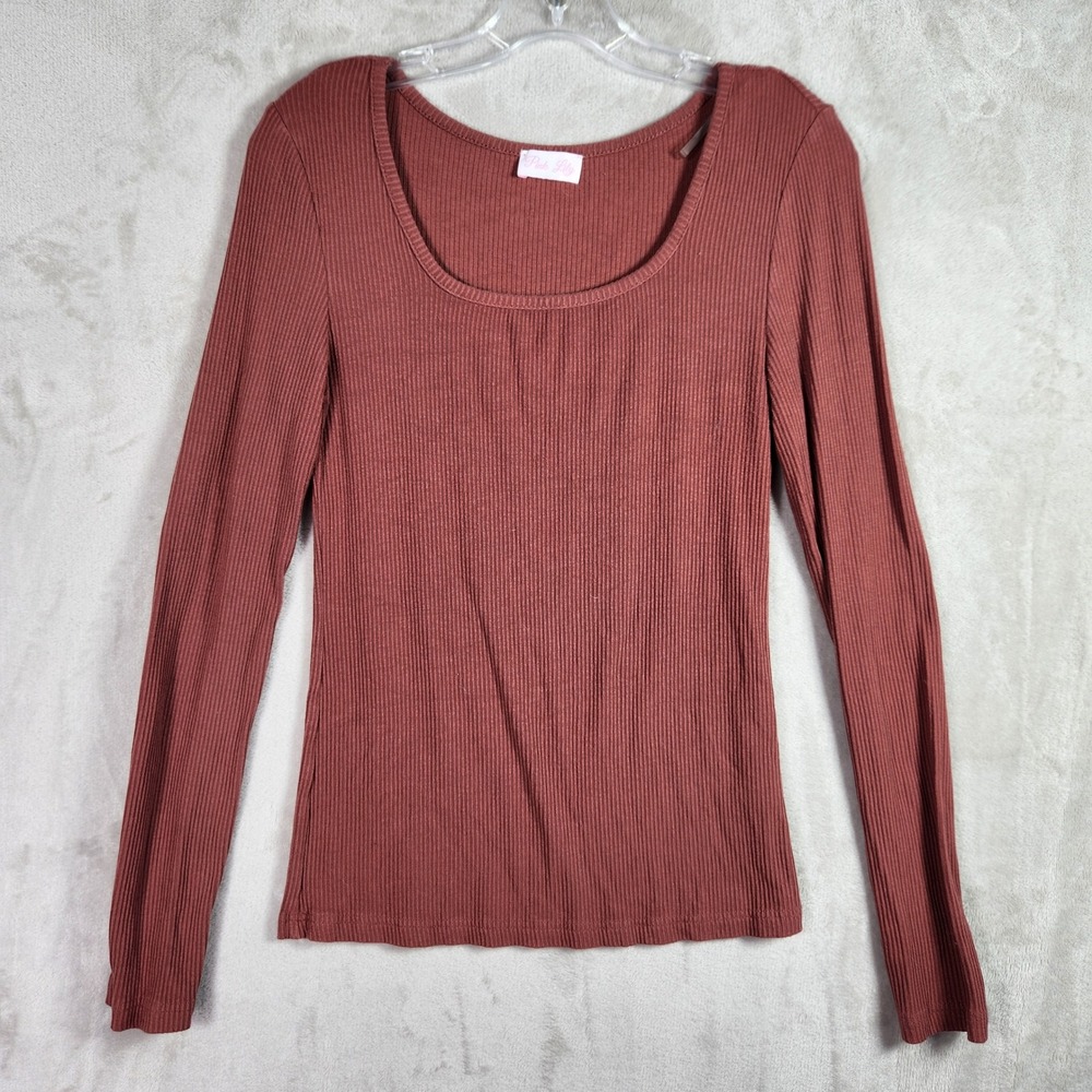 Pink Lily Ribbed Scoop Neck Top Womens Small Rust Brown Long Sleeve Basic Casual